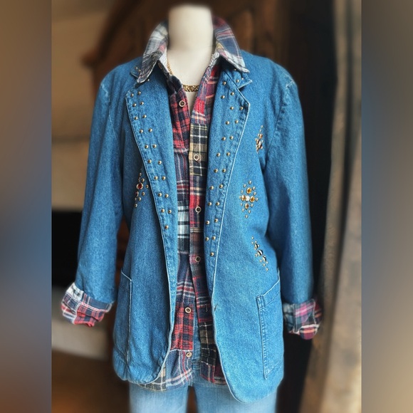 Vintage Studded Denim Blazer Jewel Embellished Western Boho Medium - Picture 5 of 12